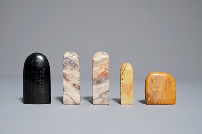 Five Chinese soapstone and wood seals, 19/20th C.