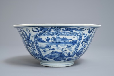 A Chinese blue and white figurative panel bowl, Wanli