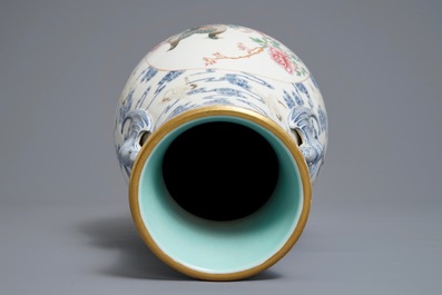 A Chinese famille rose hu vase, Qianlong mark, 20th C.