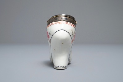 A Chinese silver-mounted famille rose shoe-form snuff box, Qianlong