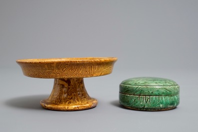 A Chinese marbled ware stem bowl and box with cover, Song or later