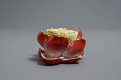 A Chinese famille rose lotus flower-shaped incense holder, 20th C.