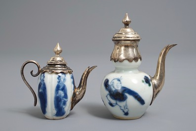 Two Chinese blue and white silver-mounted miniature teapots, Kangxi