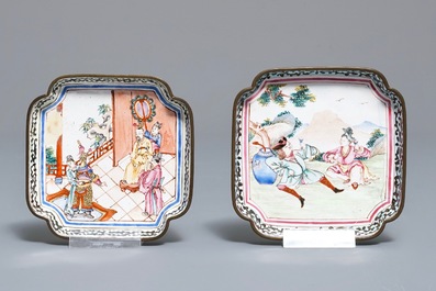 Four Chinese Canton enamel saucers and three cups, Qianlong