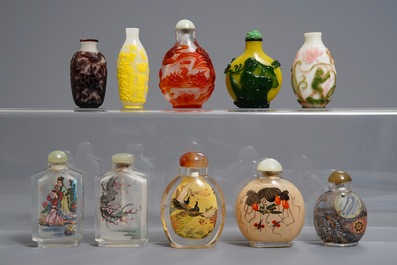 Ten Chinese overlay and inside-painted glass snuff bottles, 20th C.