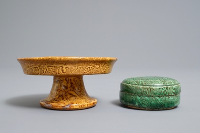 A Chinese marbled ware stem bowl and box with cover, Song or later