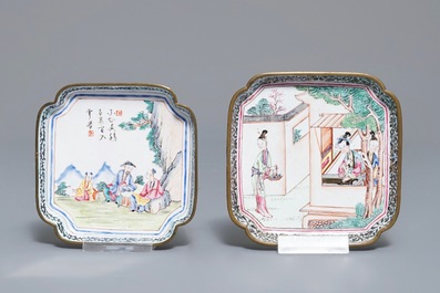 Four Chinese Canton enamel saucers and three cups, Qianlong
