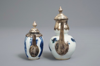 Two Chinese blue and white silver-mounted miniature teapots, Kangxi