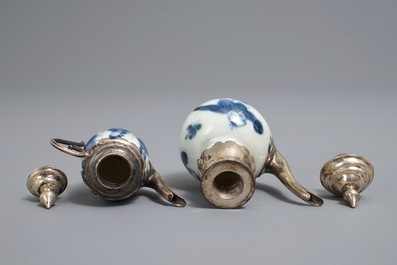 Two Chinese blue and white silver-mounted miniature teapots, Kangxi