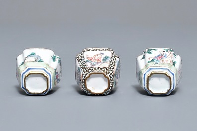 Four Chinese Canton enamel saucers and three cups, Qianlong