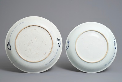 Two Chinese blue and white 'peony' chargers, Kangxi