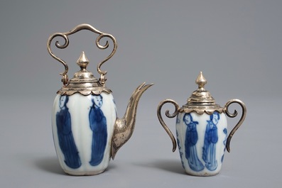 Two Chinese blue and white silver-mounted miniatures, Kangxi