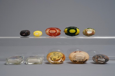Ten Chinese overlay and inside-painted glass snuff bottles, 20th C.