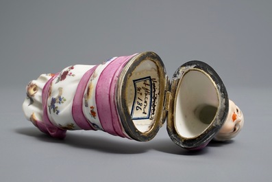 A French porcelain silver-mounted needle case, 18/19th C.