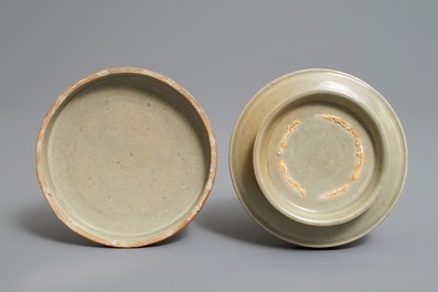 A Chinese grey-glazed round box and cover with underglaze design, Northern Song or later