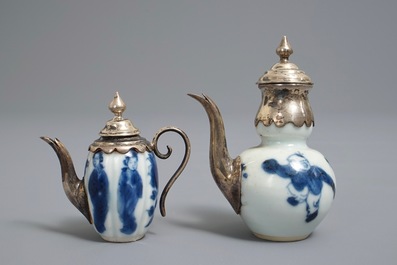 Two Chinese blue and white silver-mounted miniature teapots, Kangxi