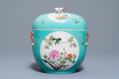 A Chinese famille rose '9 peaches' dish and a turquoise ground bowl and cover, Qianlong mark, 19/20th C.