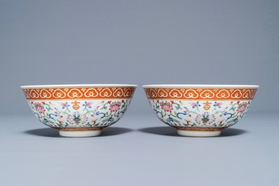 A pair of Chinese famille rose bowls with floral design, Daoguang mark and period