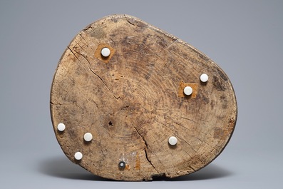 A Japanese relief-decorated cast iron furogama on wooden stand, Edo/Meiji, 18/19th C.