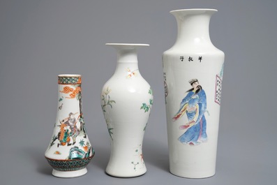Three Chinese famille rose and verte vases, 19/20th C.