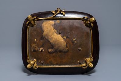 A French lacquer and gilt bronze inkwell with a Chinese turquoise-glazed brush washer, Kangxi and 19th C.