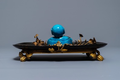 A French lacquer and gilt bronze inkwell with a Chinese turquoise-glazed brush washer, Kangxi and 19th C.
