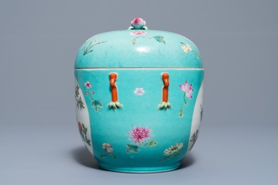A Chinese famille rose '9 peaches' dish and a turquoise ground bowl and cover, Qianlong mark, 19/20th C.