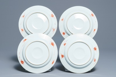 Four Chinese Imari-style plates with raised central roundels, Kangxi