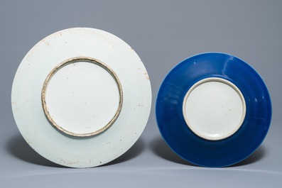 A Chinese famille verte charger and a monochrome blue dish, 19th C.
