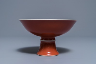 A Chinese monochrome liver-red stem cup, Yongzheng mark, 19/20th C.