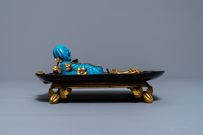 A French lacquer and gilt bronze inkwell with a Chinese turquoise-glazed brush washer, Kangxi and 19th C.