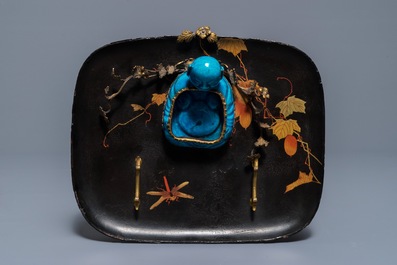 A French lacquer and gilt bronze inkwell with a Chinese turquoise-glazed brush washer, Kangxi and 19th C.