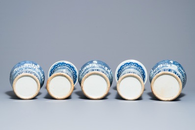 A Chinese blue and white five-piece garniture with port views, 19th C.