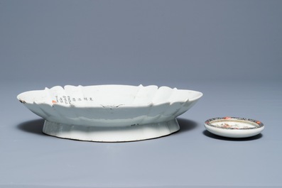 A Chinese qianjiang cai stem bowl and a round brush washer, 20th C.