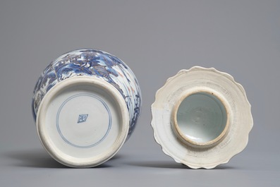 A Chinese clobbered blue and white vase and cover with landscape design, Kangxi