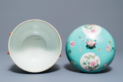 A Chinese famille rose '9 peaches' dish and a turquoise ground bowl and cover, Qianlong mark, 19/20th C.
