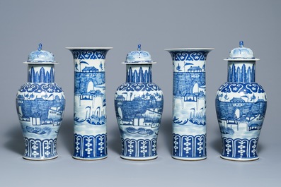 A Chinese blue and white five-piece garniture with port views, 19th C.