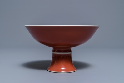 A Chinese monochrome liver-red stem cup, Yongzheng mark, 19/20th C.