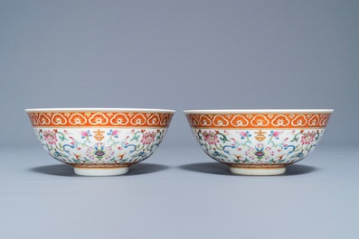 A pair of Chinese famille rose bowls with floral design, Daoguang mark and period