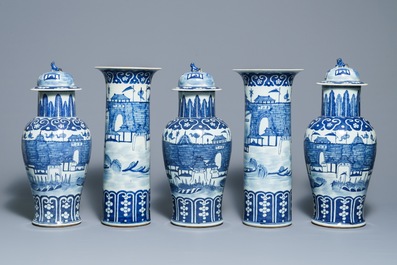A Chinese blue and white five-piece garniture with port views, 19th C.