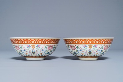 A pair of Chinese famille rose bowls with floral design, Daoguang mark and period