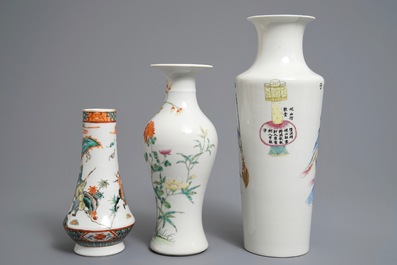 Three Chinese famille rose and verte vases, 19/20th C.