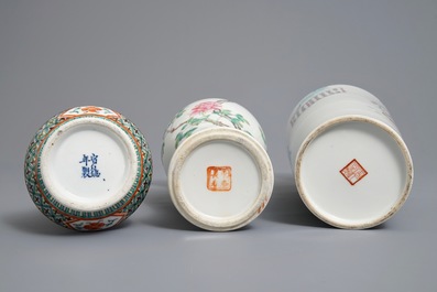 Three Chinese famille rose and verte vases, 19/20th C.