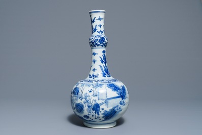 A Chinese blue and white bottle vase with figurative design around, Transitional period