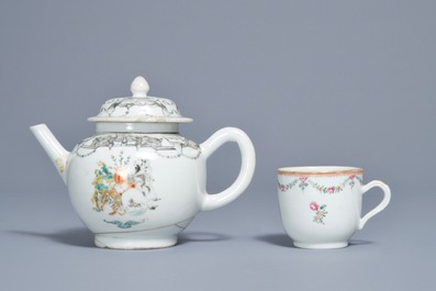 A Chinese grisaille and famille rose armorial teapot and cup and saucer, Qianlong