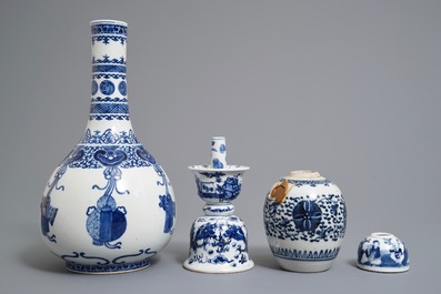 Two Chinese blue and white vases, a candlestick and a brush washer, 19th C.