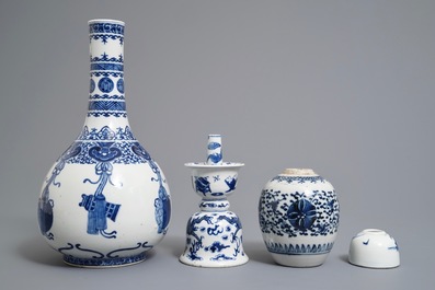 Two Chinese blue and white vases, a candlestick and a brush washer, 19th C.