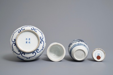 Two Chinese blue and white vases, a candlestick and a brush washer, 19th C.