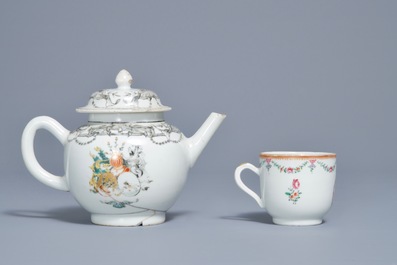 A Chinese grisaille and famille rose armorial teapot and cup and saucer, Qianlong