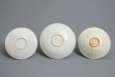 Two Chinese qingbai bowls and a plate with underglaze design, Song